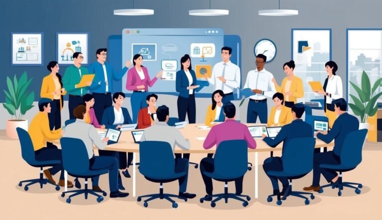 Business team in a meeting around a table, with a presentation screen