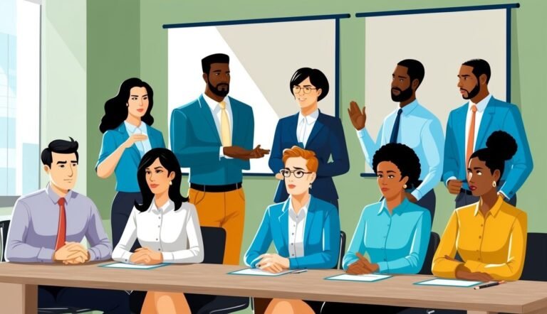 Diverse group of business professionals in a meeting, discussing ideas