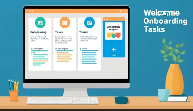 Computer screen displaying onboarding tasks, with a keyboard and office supplies