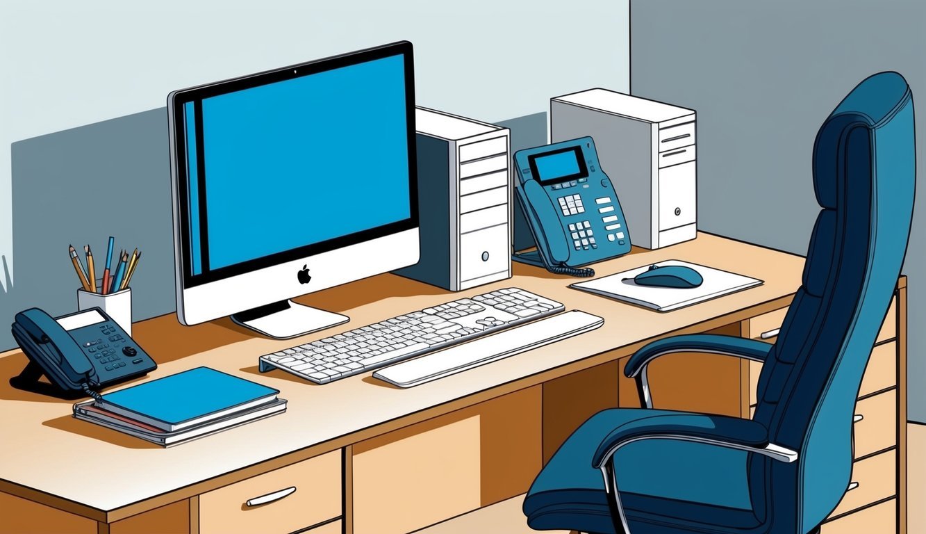 A desk with a computer, keyboard, mouse, and monitor.</p><p>A chair, phone, and various office supplies are neatly arranged on the desk