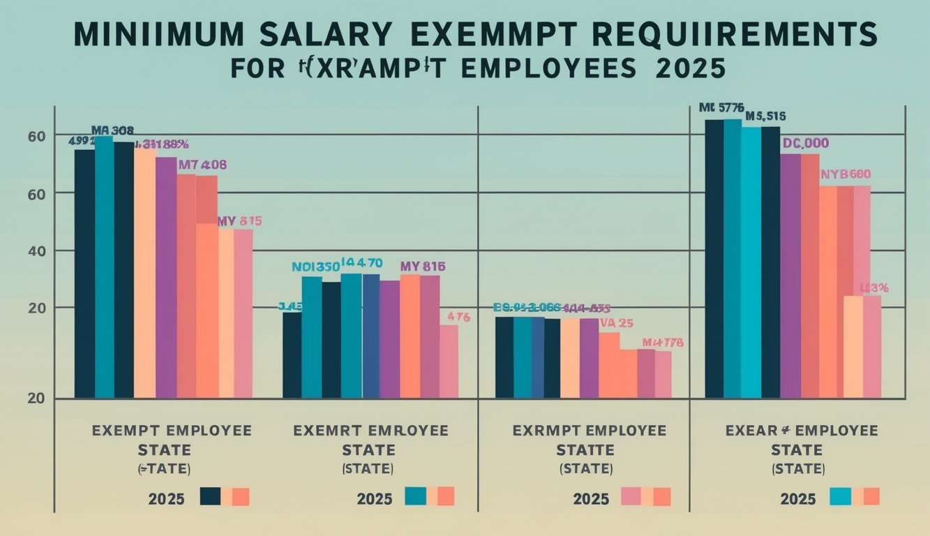 A series of charts and graphs showing the minimum salary requirements for exempt employees in various states for the year 2025