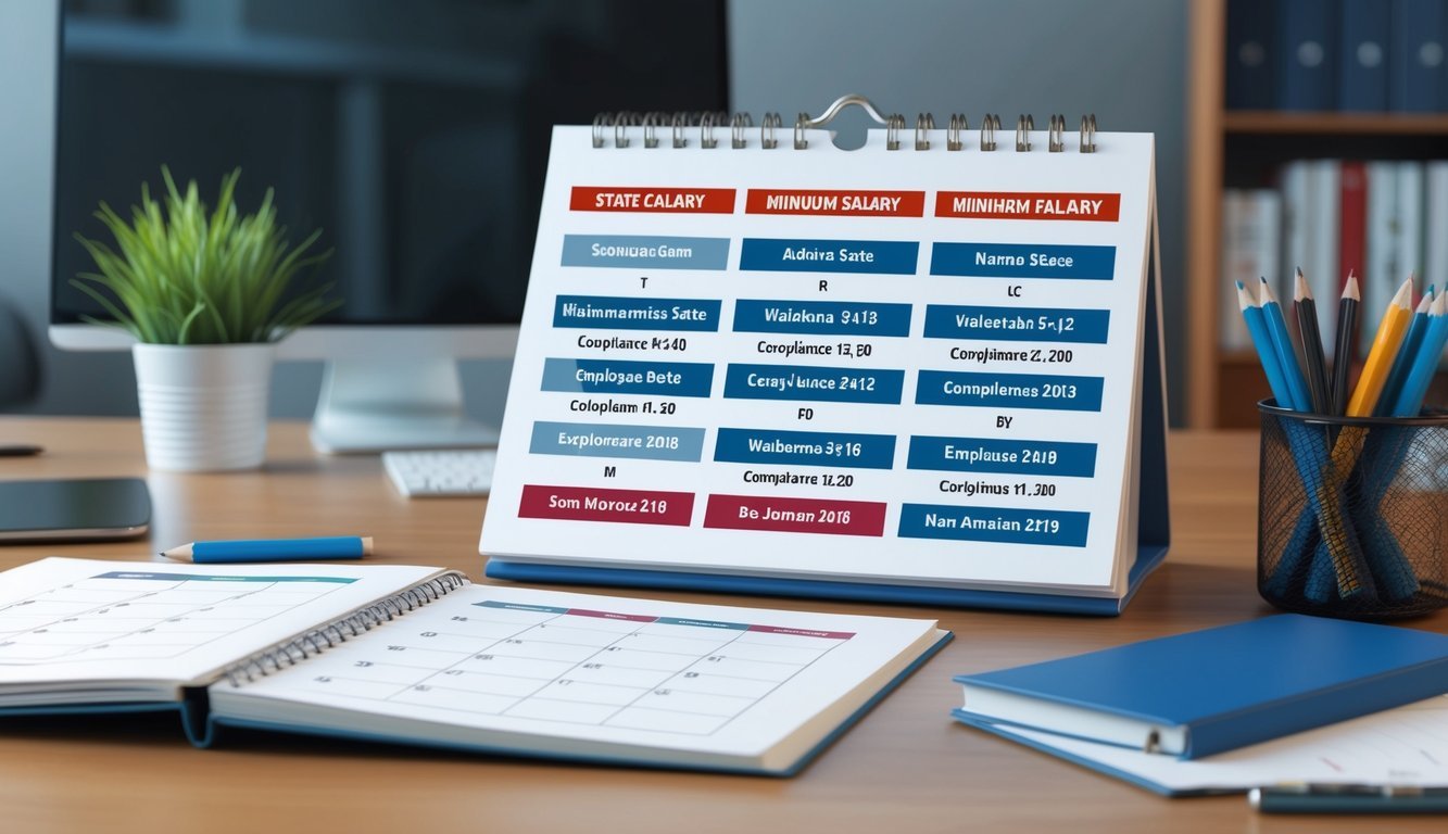 An office desk with a calendar showing various state names and their corresponding compliance deadlines for minimum salary requirements