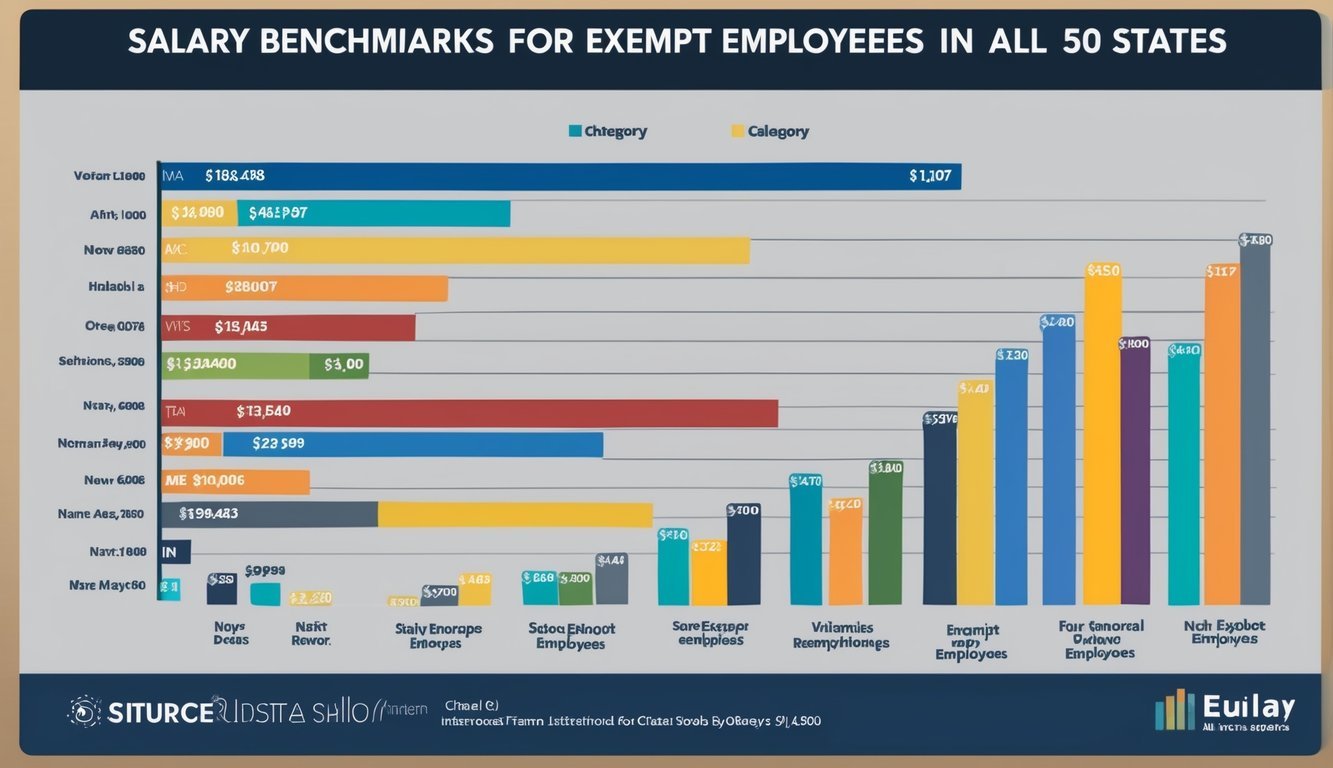 A chart displaying salary benchmarks for exempt employees in all 50 states, organized by category