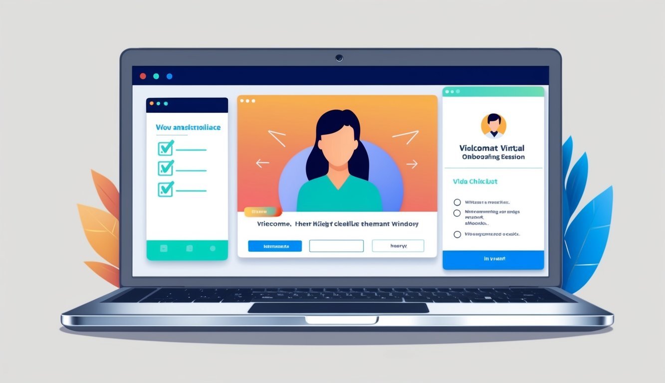 A laptop displaying a virtual onboarding session with a welcoming interface, checklist, and video call window