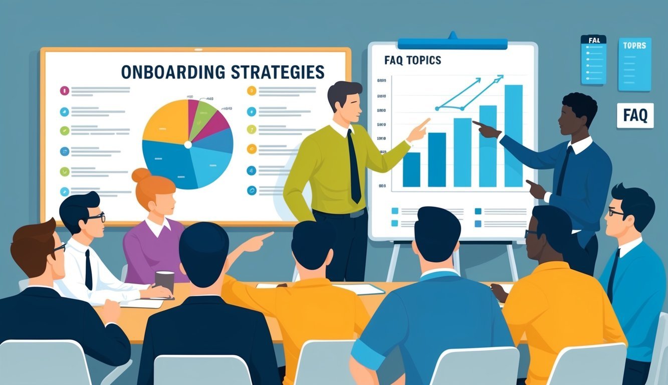 A group of people gather around a table, pointing at a large chart while discussing onboarding strategies.</p><p>A whiteboard in the background displays various FAQ topics