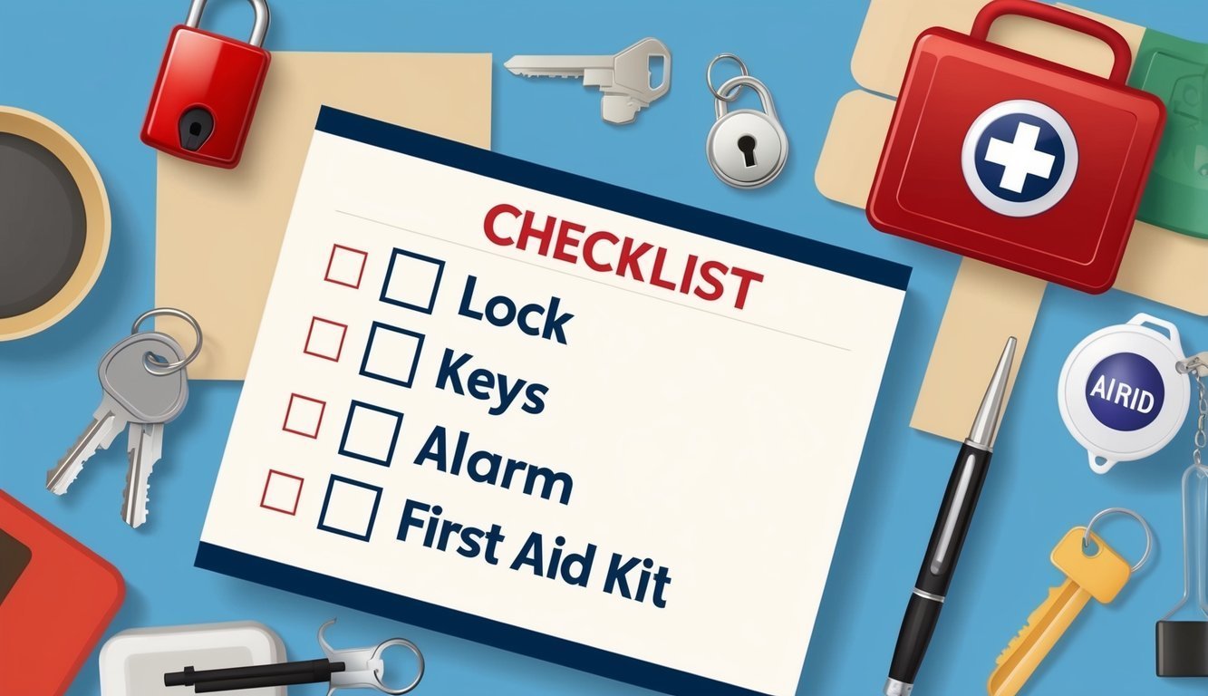 Checklist with lock, keys, alarm, and first aid kit, with related objects