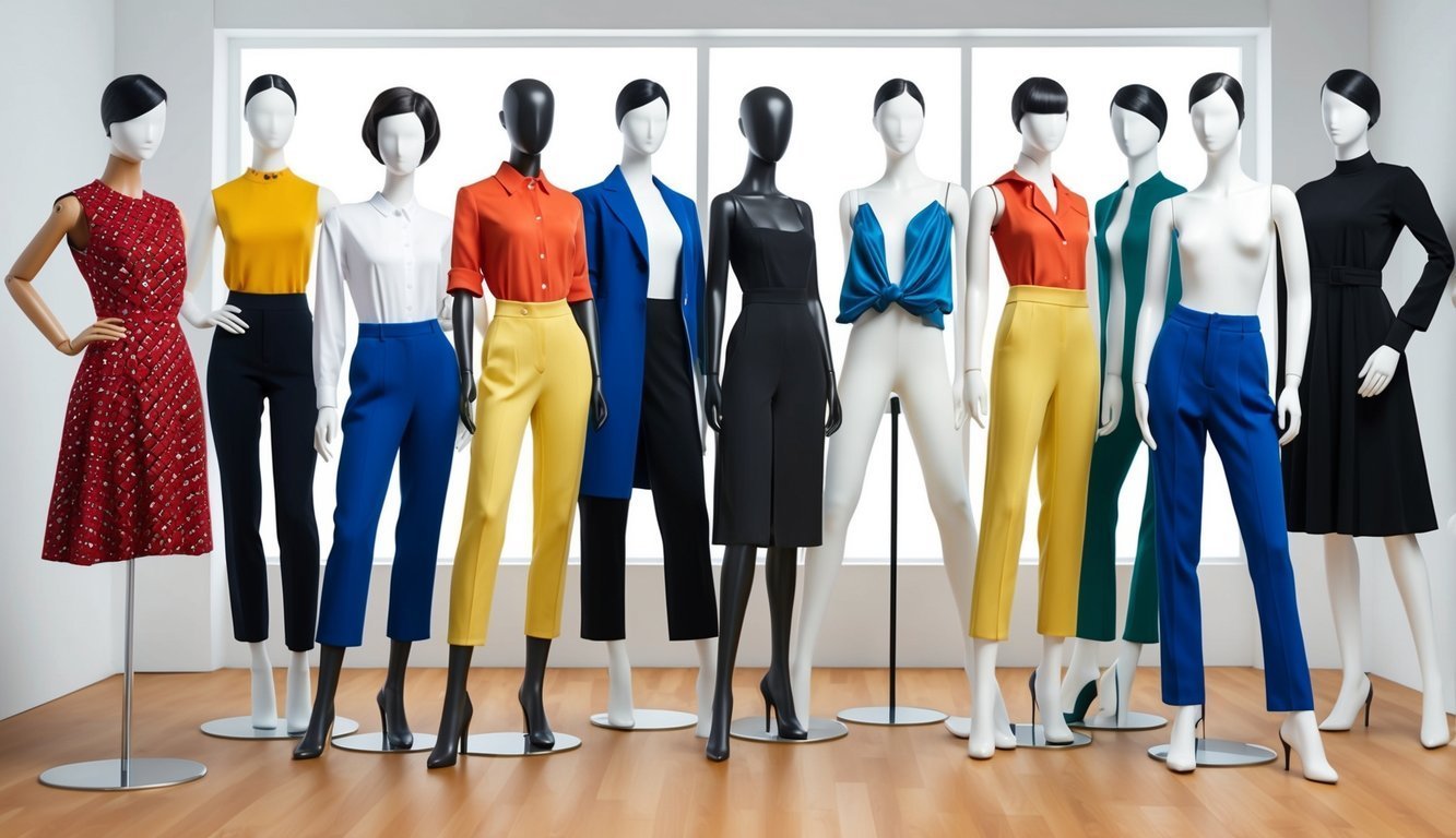Mannequins in colorful outfits, showcasing modern women's fashion