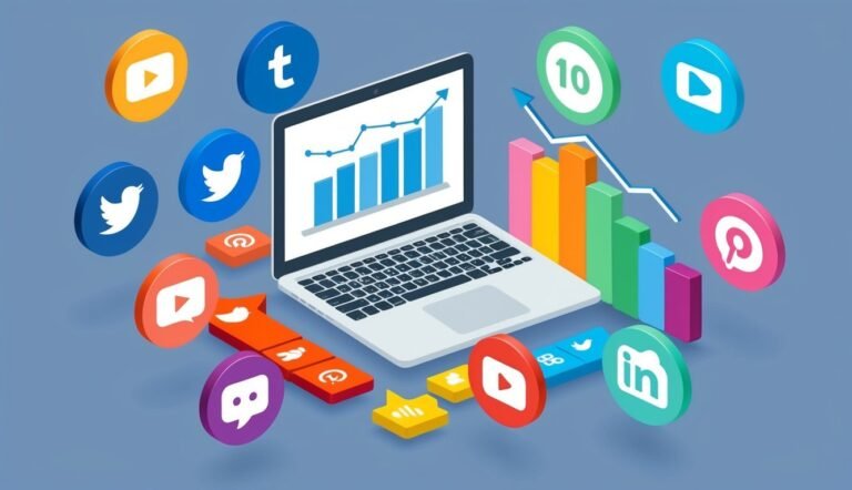 Laptop with social media icons and data charts, representing marketing analysis