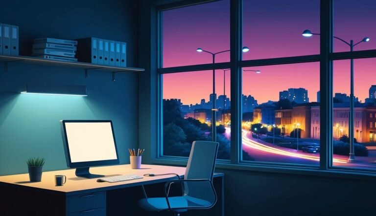Cozy office with a city view at sunset, computer on desk