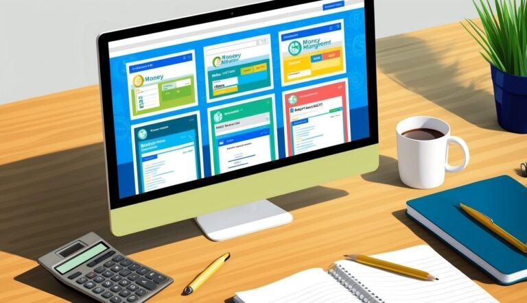 Computer screen displaying financial apps, with desk items like calculator and coffee