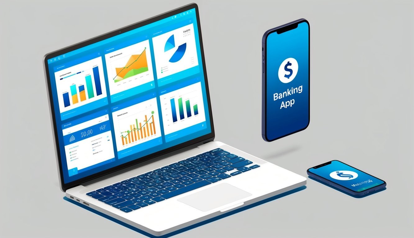 A laptop displaying various money management websites with charts and graphs.</p><p>A smartphone with a banking app open next to it