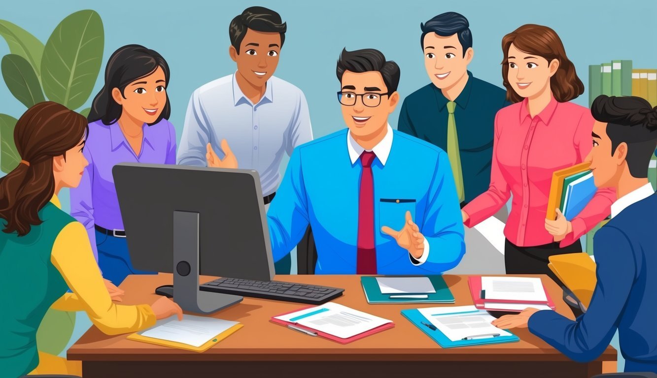 An organizational development manager answering questions at a desk with a computer and files, surrounded by colleagues seeking guidance