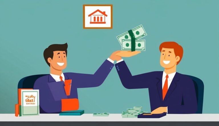 Two men in suits exchanging money, house icon above