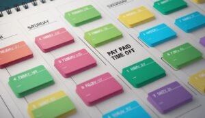 Calendar with colorful sticky notes, marking paid time off days