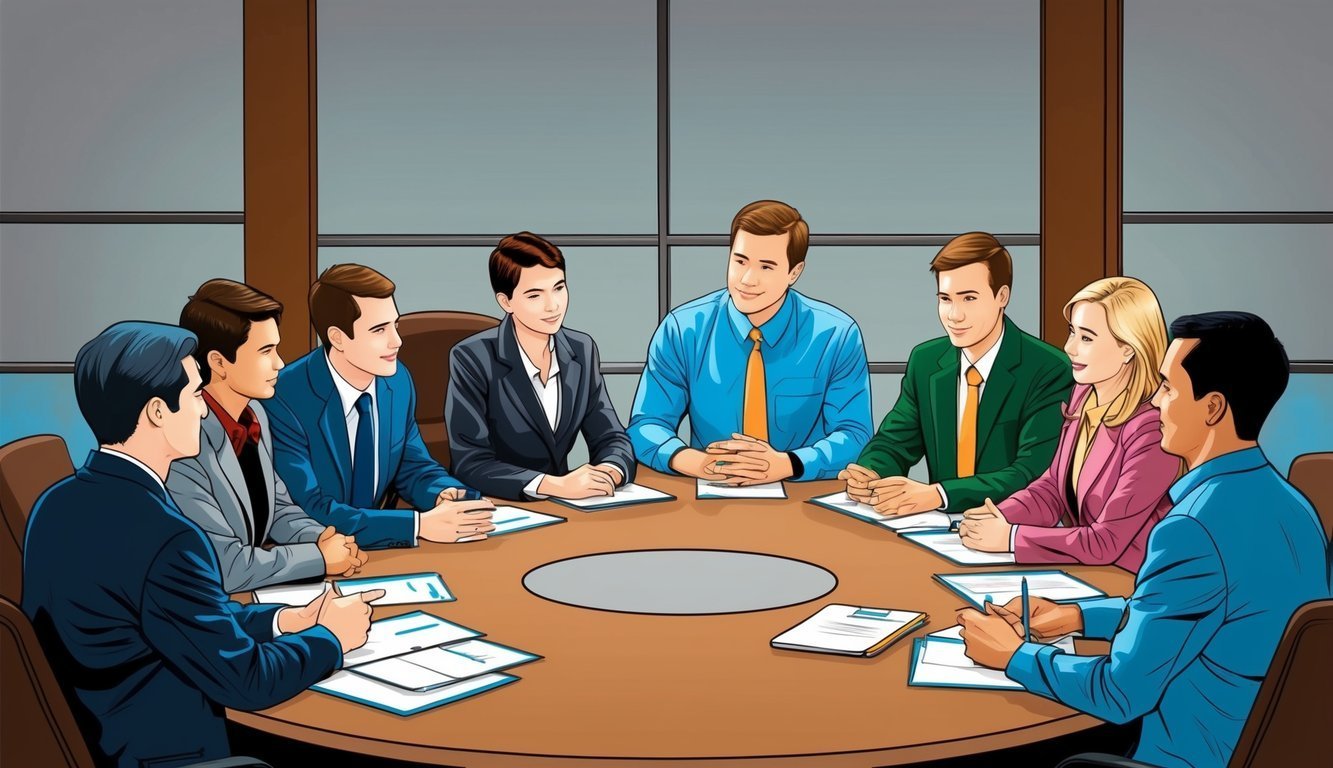Business team in a meeting around a large, round table