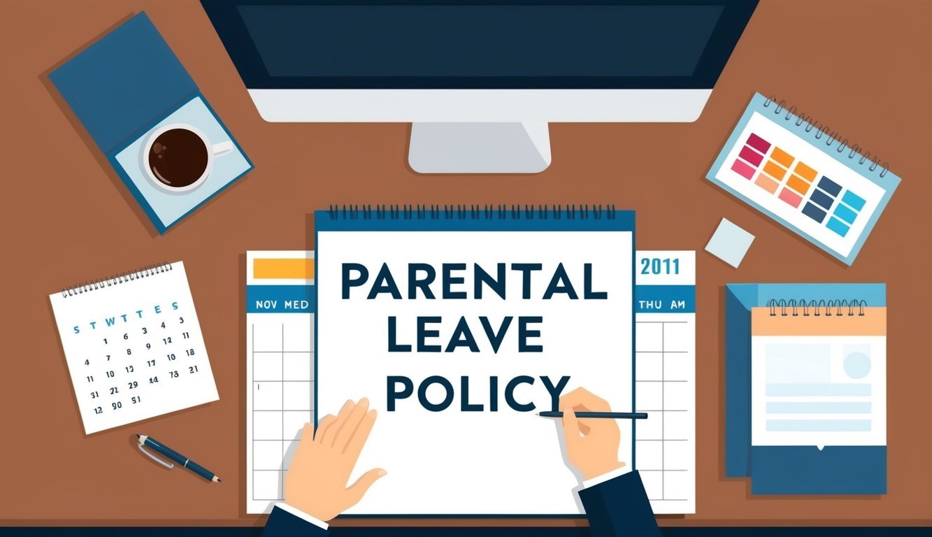 A desk with a calendar, computer, and paperwork.</p><p>A "Parental Leave Policy" document is visible