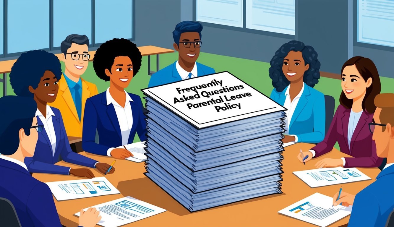 A stack of papers labeled "Frequently Asked Questions Parental Leave Policy" surrounded by a group of diverse employees in a meeting room