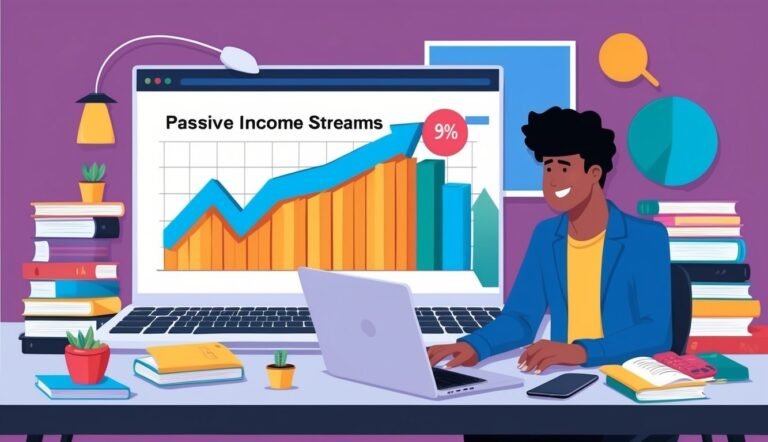 Man working on laptop with passive income graph and 9% increase