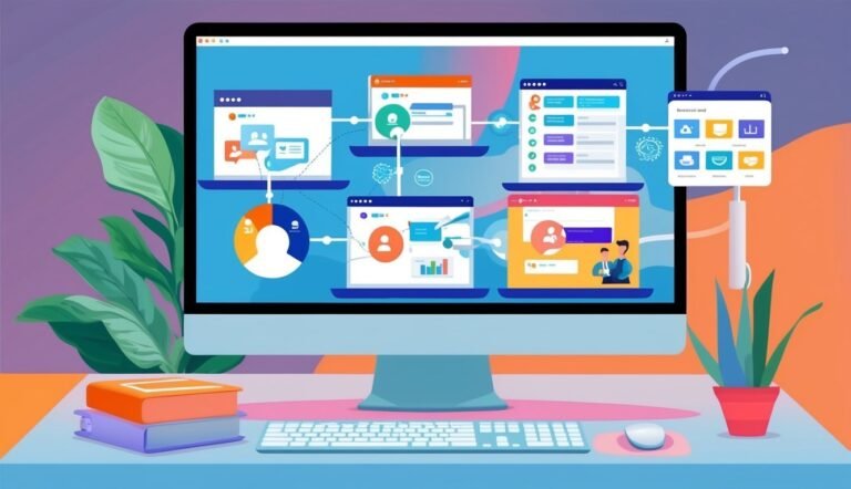 Computer screen displaying various app interfaces, with books, plants, and keyboard