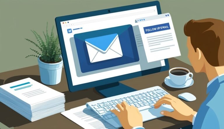 Person working on a computer with email, follow-up email, and coffee