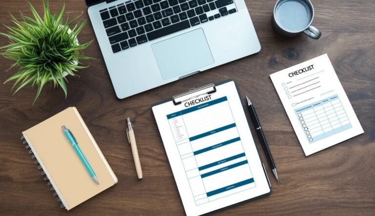 Laptop, checklists, pens, notepad, and plant on a wooden desk