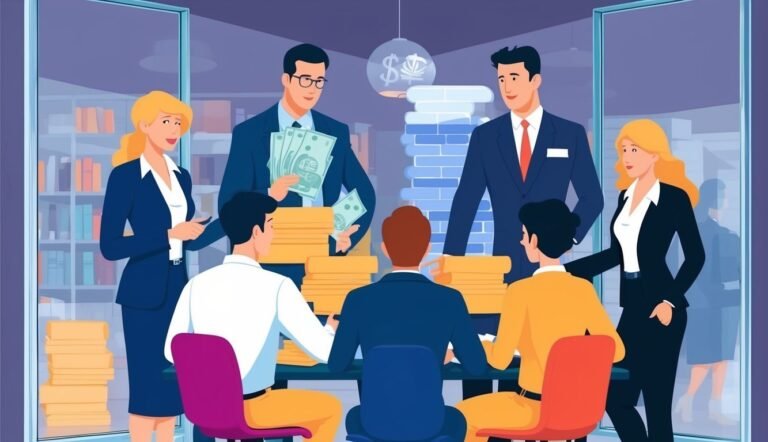 Business people in suits around a table with stacks of money