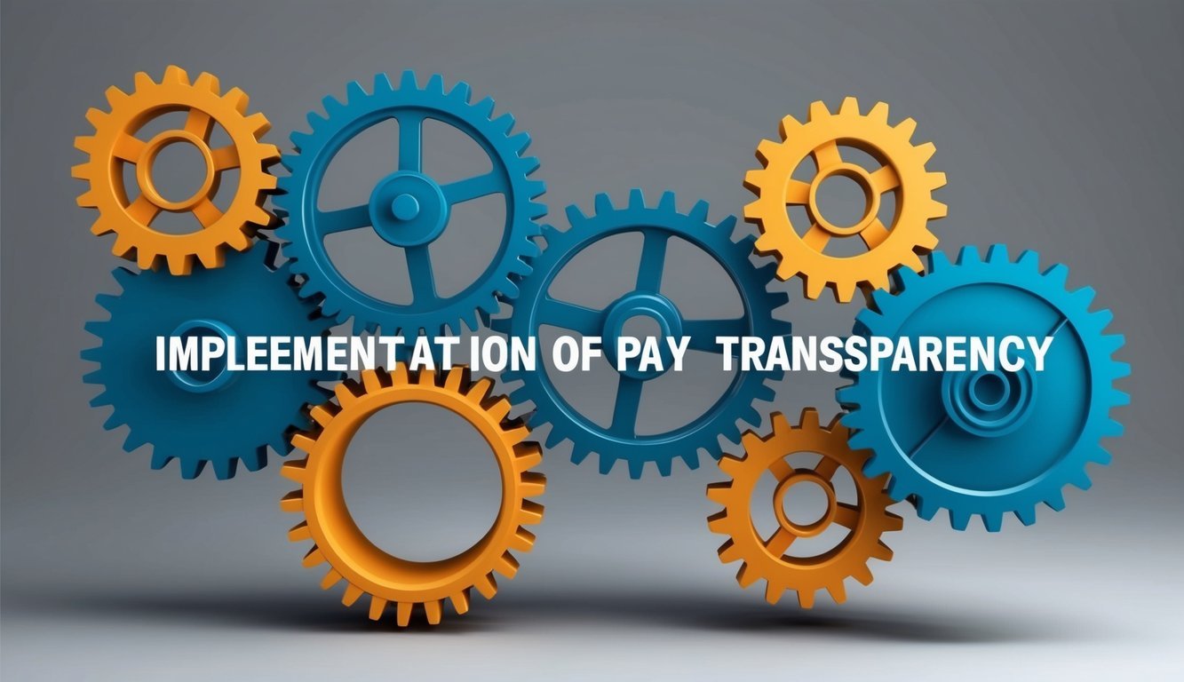 A group of interconnected gears symbolizing the implementation of pay transparency in a strategic and organized manner