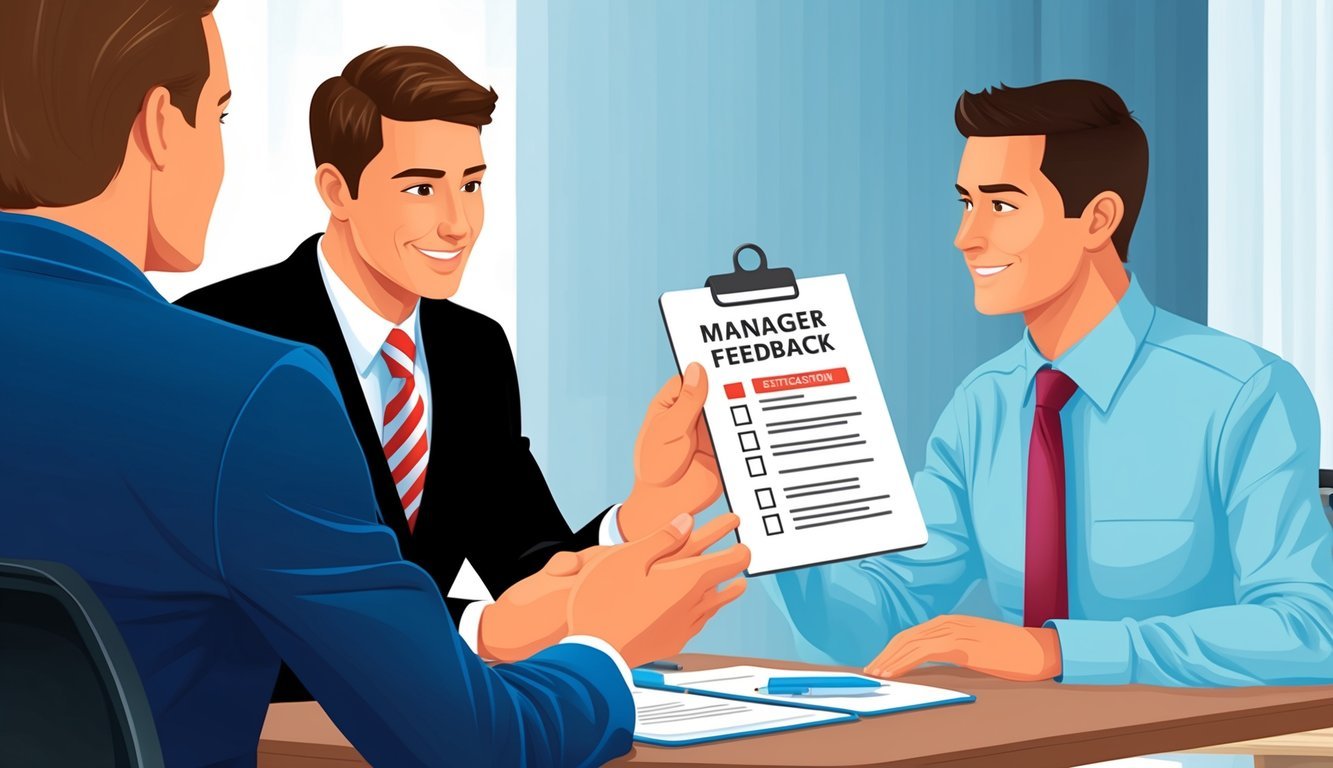 A manager providing feedback to a new employee, using a checklist to guide the discussion