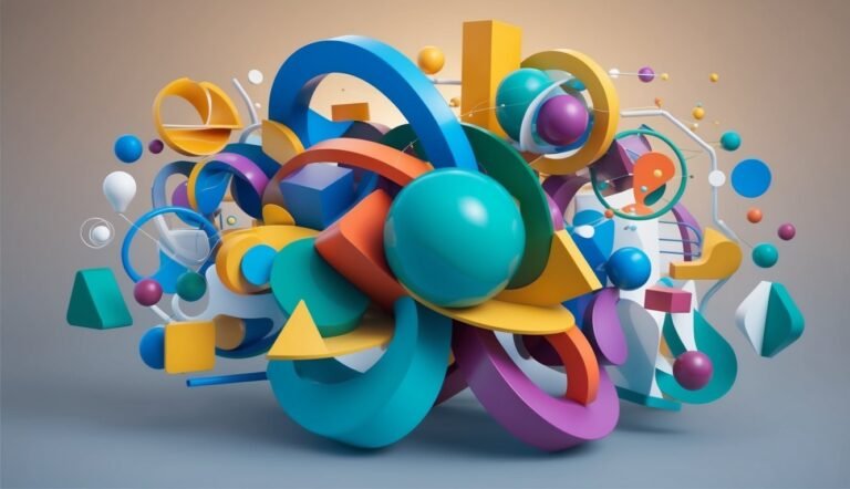 Abstract 3D artwork of colorful geometric shapes and spheres