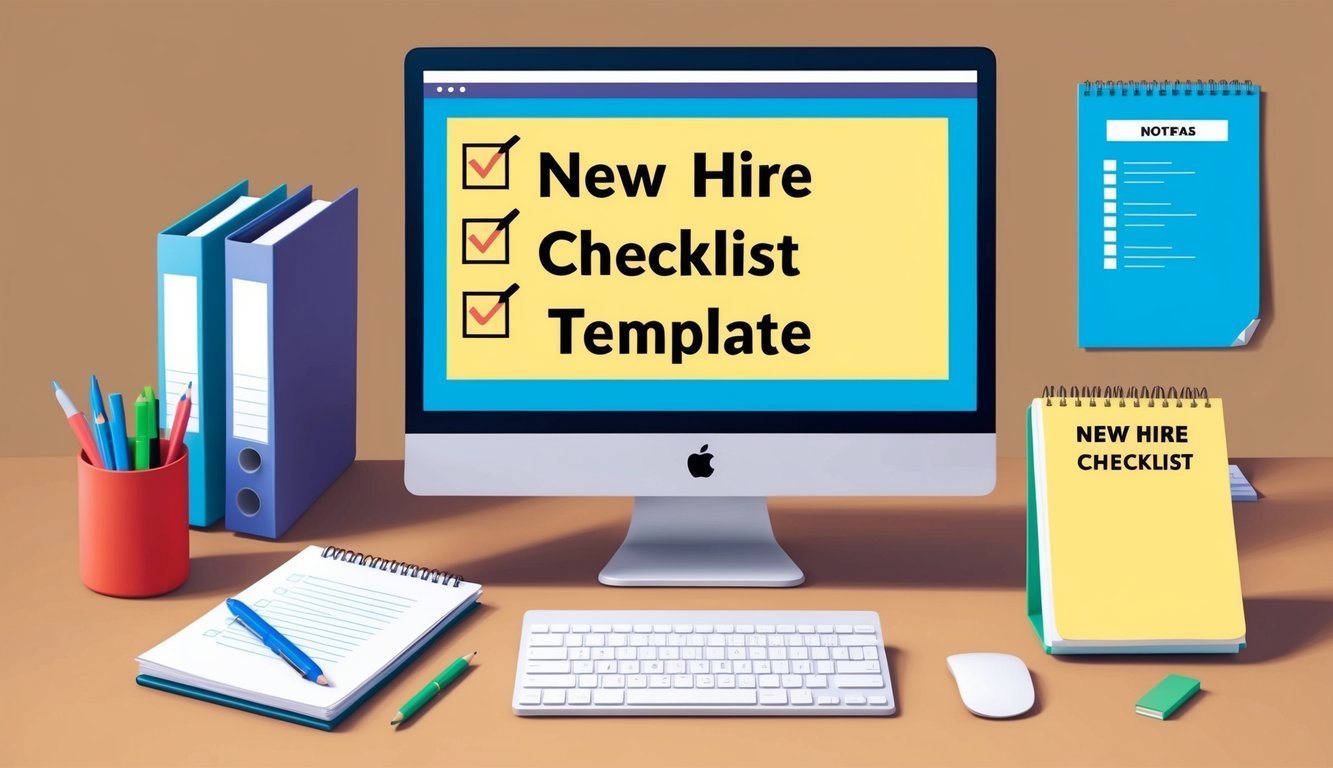 A desk with a computer screen displaying a "New Hire Checklist Template," surrounded by office supplies and a notepad