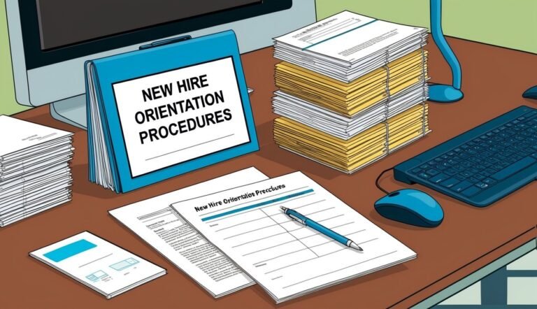 Desk with new hire orientation procedures, computer, and paperwork