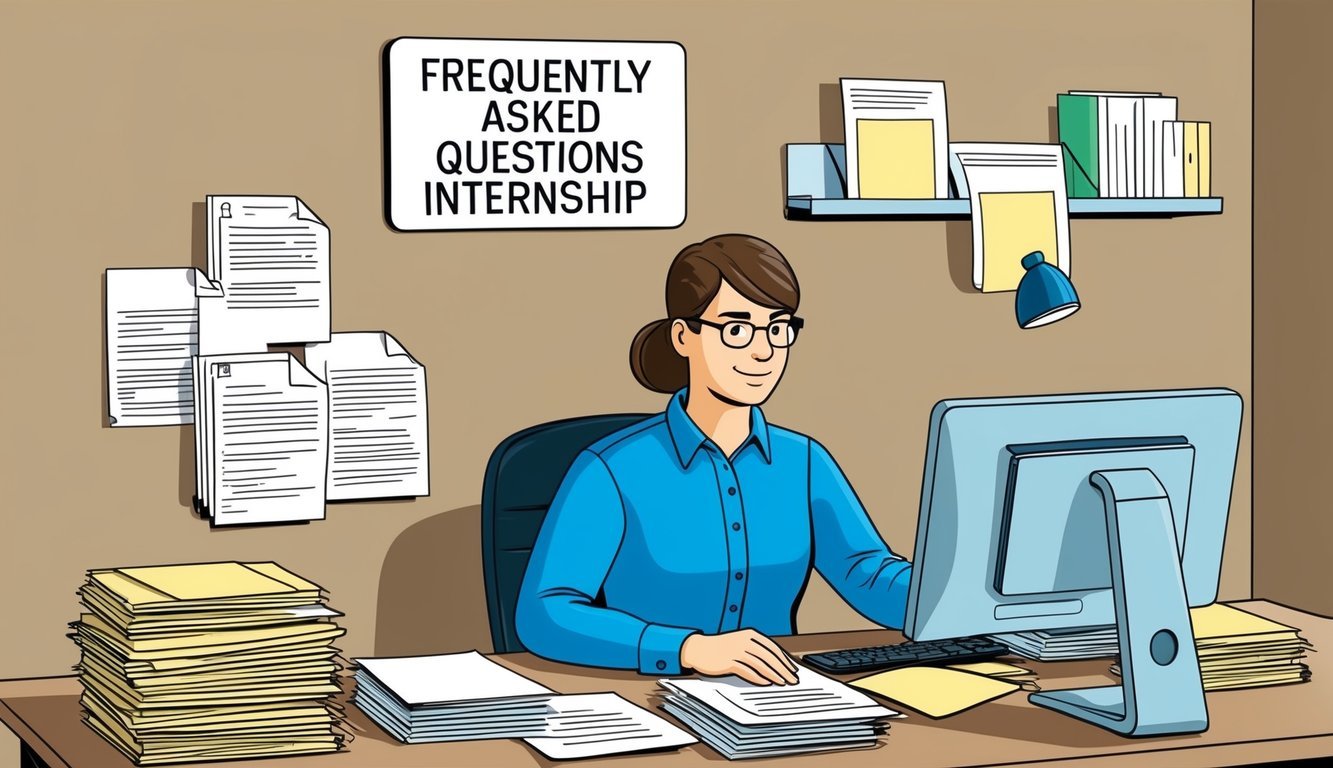 A person at a desk with a computer, surrounded by papers and files.</p><p>A sign on the wall reads "Frequently Asked Questions Paycom Internship."