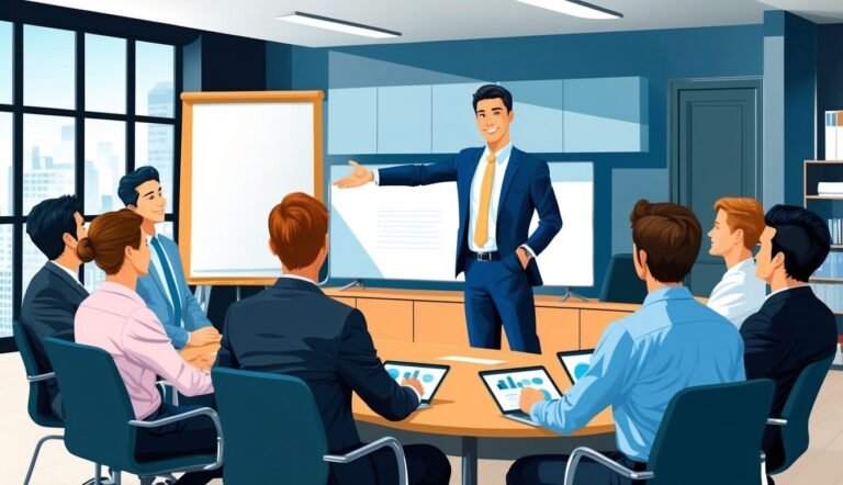Business presentation in a modern office with a team around a table