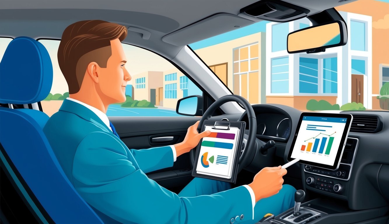 An outside sales representative driving to client meetings with a briefcase of sales materials and a tablet for presentations