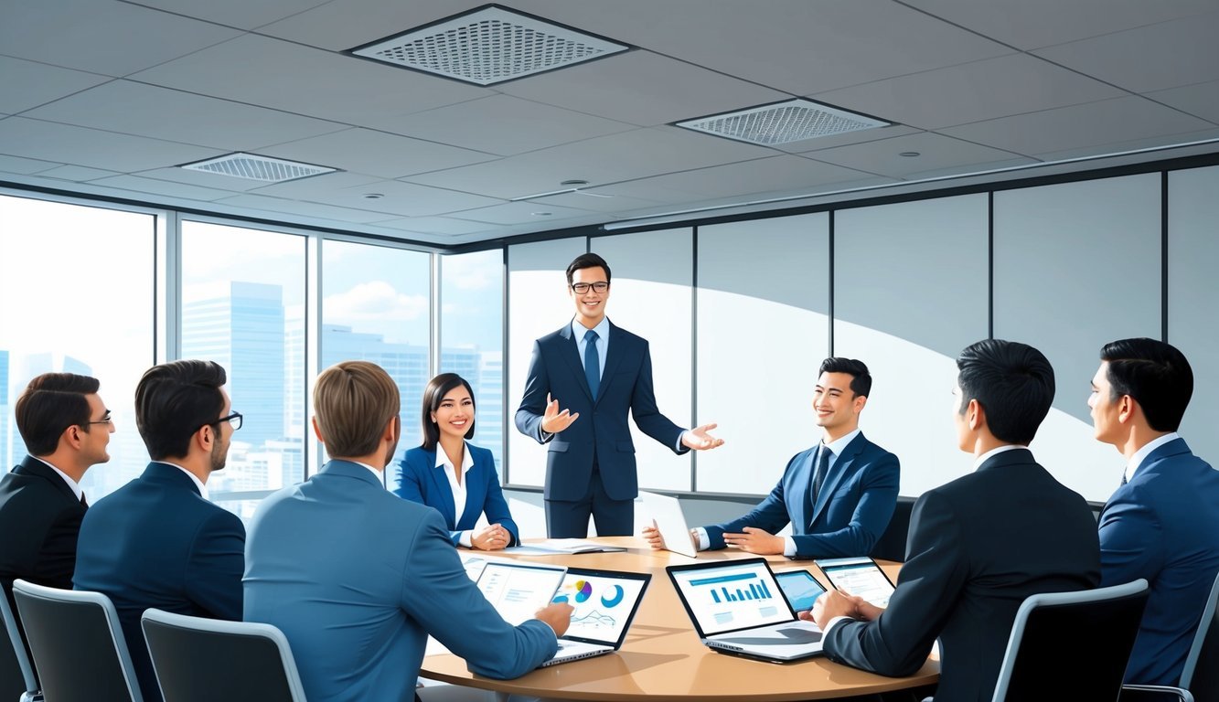 An outside sales representative presenting to a group of business professionals in a modern, well-lit conference room