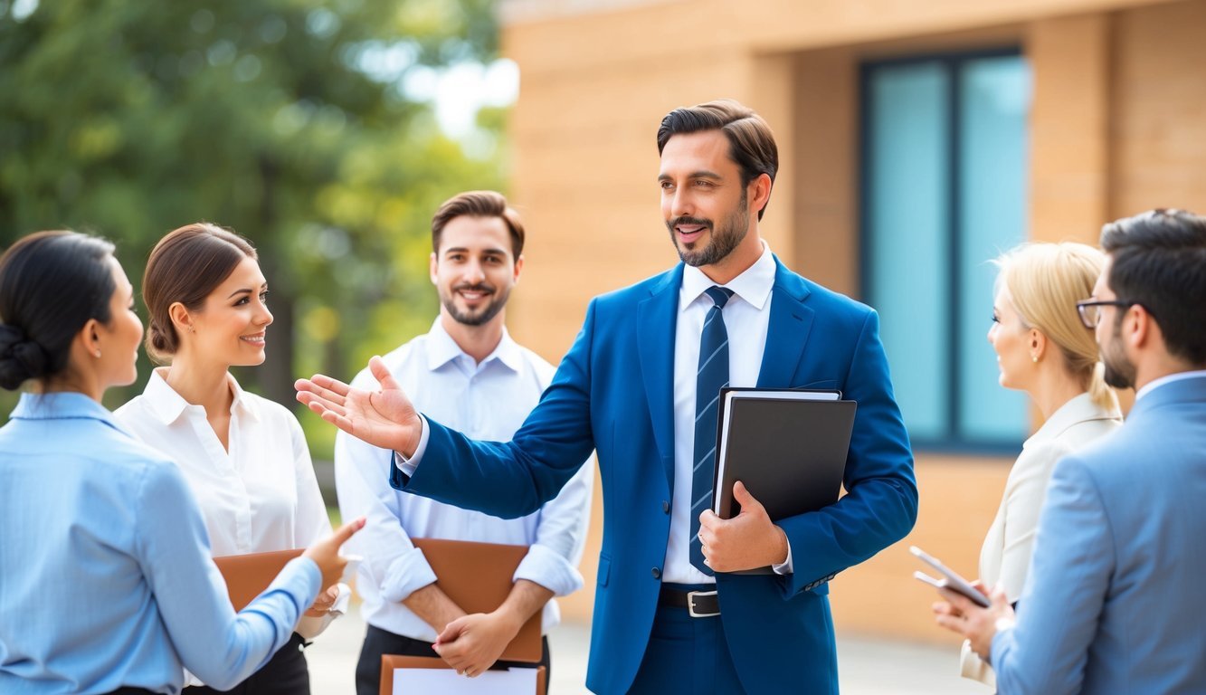 An outdoor scene with a sales representative speaking to a group of potential clients while holding a portfolio and gesturing confidently