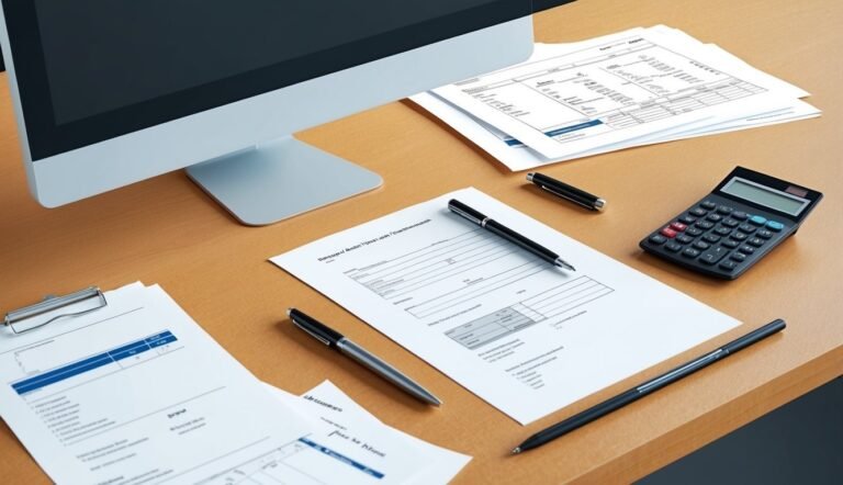 Desk with computer, papers, pens, and a calculator, likely for accounting