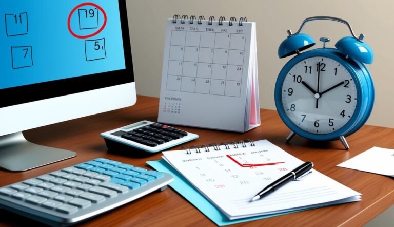 Desk with calendar, clock, computer, and calculator, focused on date