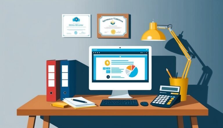 Desk with computer, certificates, lamp, calculator, and office supplies