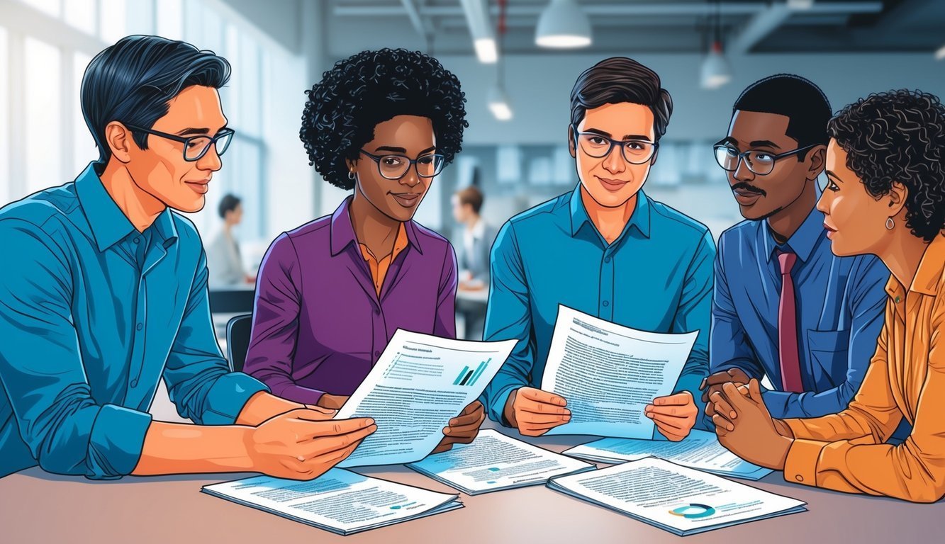 Diverse group of people reviewing documents at a table in an office