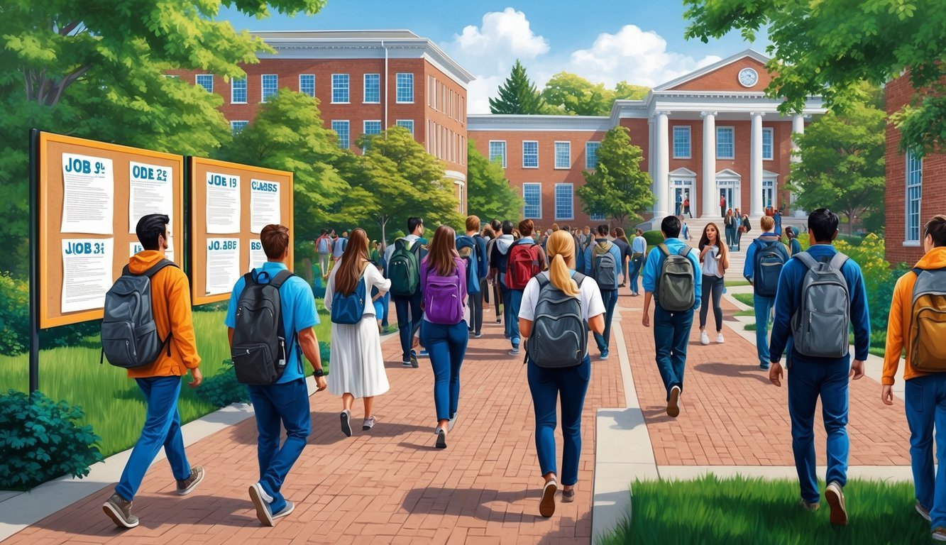 A bustling campus with students walking to and from classes, surrounded by academic buildings and greenery.</p><p>Job postings on bulletin boards catch the eye