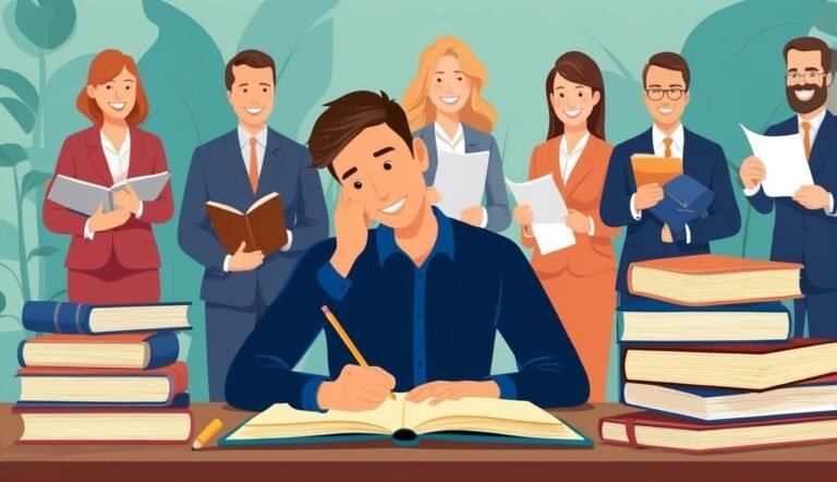 Man writing in a book with people and stacks of books behind him