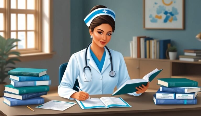 Nurse in uniform reading and writing at a desk with books