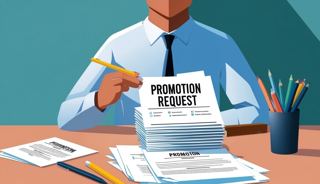 A person updating their resume, with a stack of papers labeled "promotion request" sitting on their desk