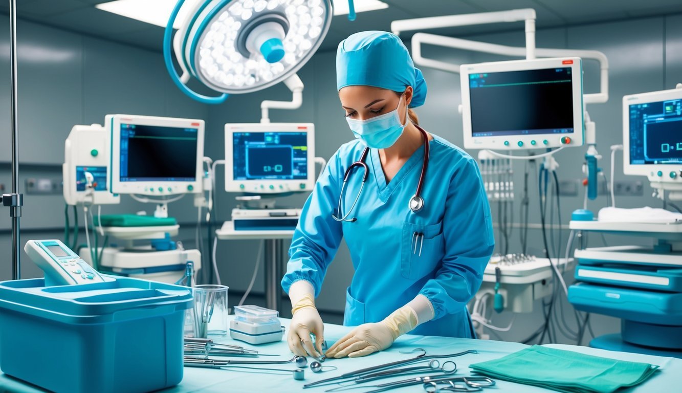 A nurse anesthetist preparing medical equipment in a sterile operating room, surrounded by monitors and surgical instruments