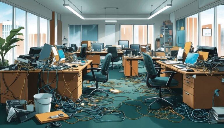 Messy office with tangled wires, computers, and cluttered desks