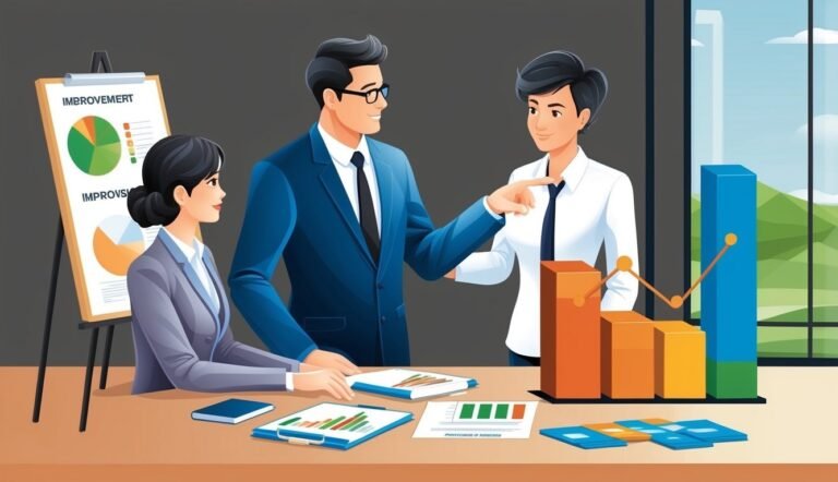 Business team reviewing charts and graphs in a modern office setting