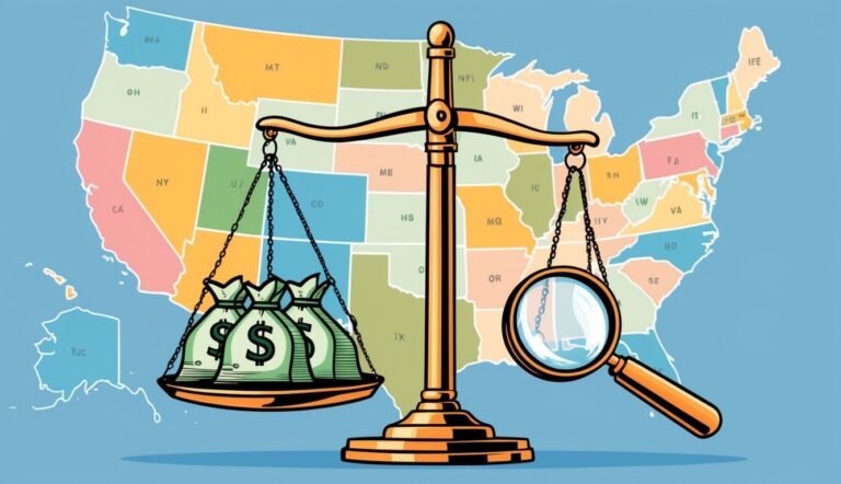 Scales of justice with money bags and magnifying glass over US map