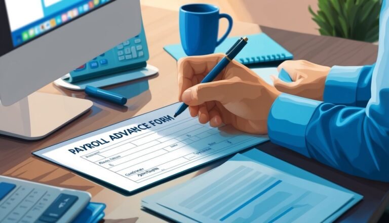 Person filling out a payroll advance form with a pen at a desk