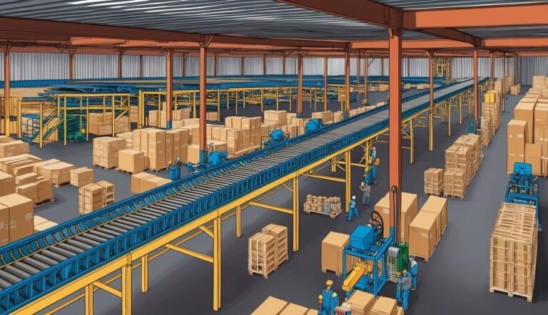 Warehouse interior with conveyor belt, boxes, and workers